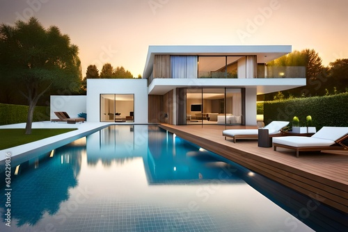 Modern villa with pool  night scene