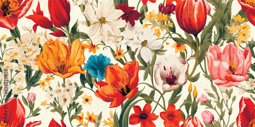 Vintage vector abstract flowers print. Vector illustration of flowers, daffodil, narcissus, tulip, frame, wild flowers, plants and leaves, Modern seamless pattern. Fashionable template for design