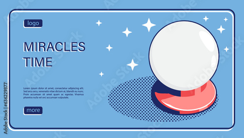 Isometric landing page, entertainment service agency promotion banner, surprise and gifts. Magical crystal ball with magical sparks. Isometric vector linear banner top view