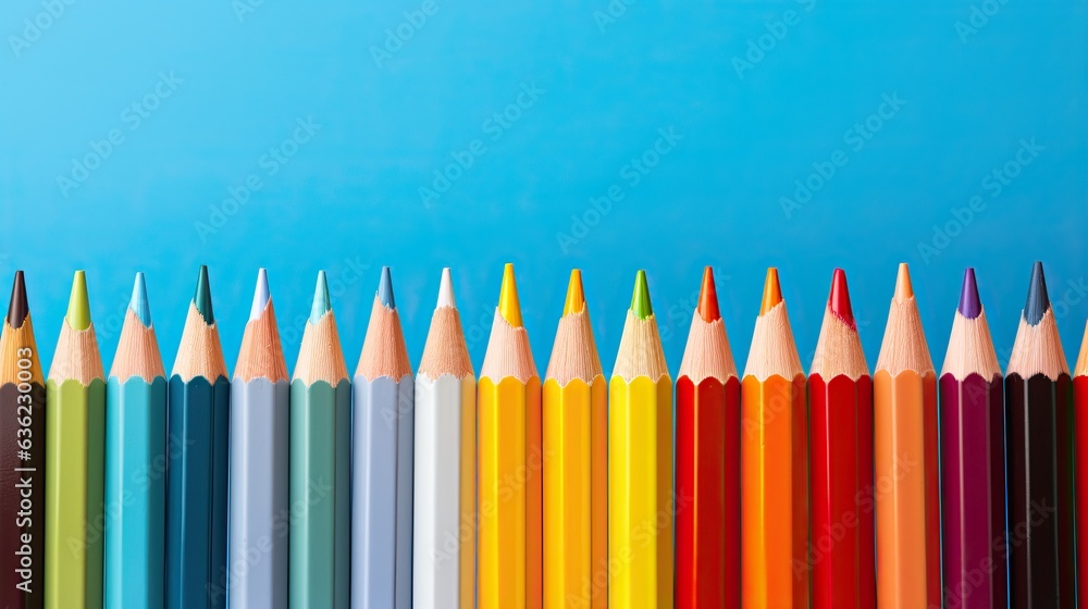 Colored pencils in a row and copy space. Generative AI Colored pencils in a row and copy space. Generative AI