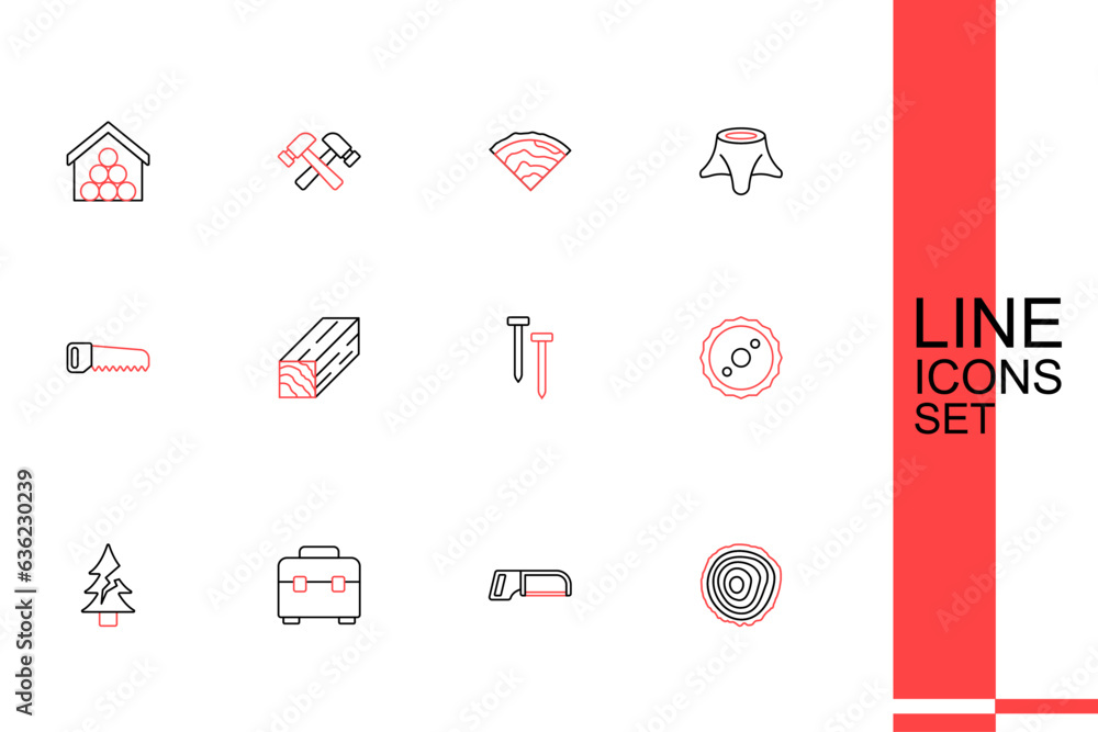 Set line Tree rings, Hacksaw, Toolbox, Circular blade, Metallic nails, Wooden beam and Hand icon. Vector Set line Tree rings, Hacksaw, Toolbox, Circular blade, Metallic nails, Wooden beam and Hand icon. Vector