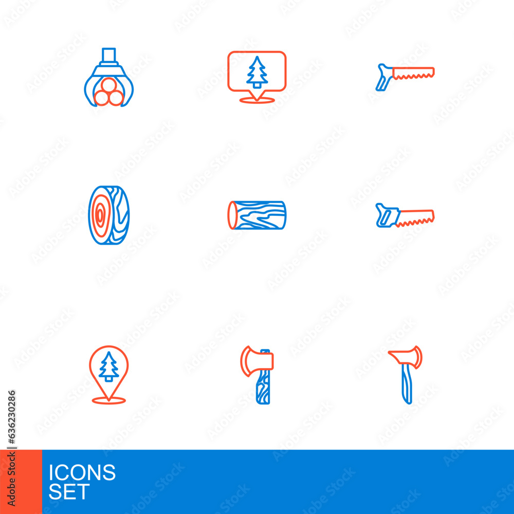 Set line Wooden axe, Location of the forest, Hand saw, Tree rings, log, and icon. Vector