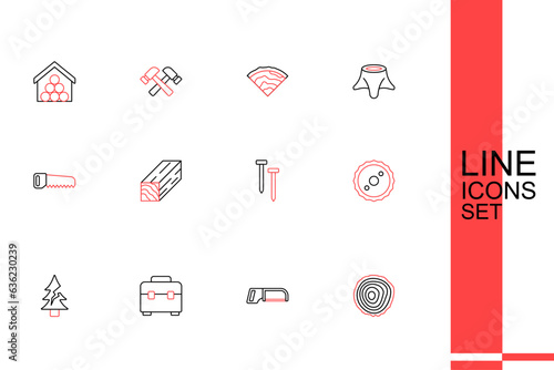 Set line Tree rings, Hacksaw, Toolbox, Circular blade, Metallic nails, Wooden beam and Hand icon. Vector