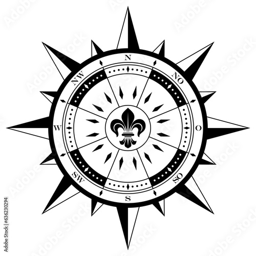 Kompassrose-Vektor mit acht Windrichtungen und deutscher Osten Bezeichnung.
Windrose mit Lilien Symbol in der Mitte.
Symbol für die Marine-, Schifffahrts- oder Trekking-Navigation.