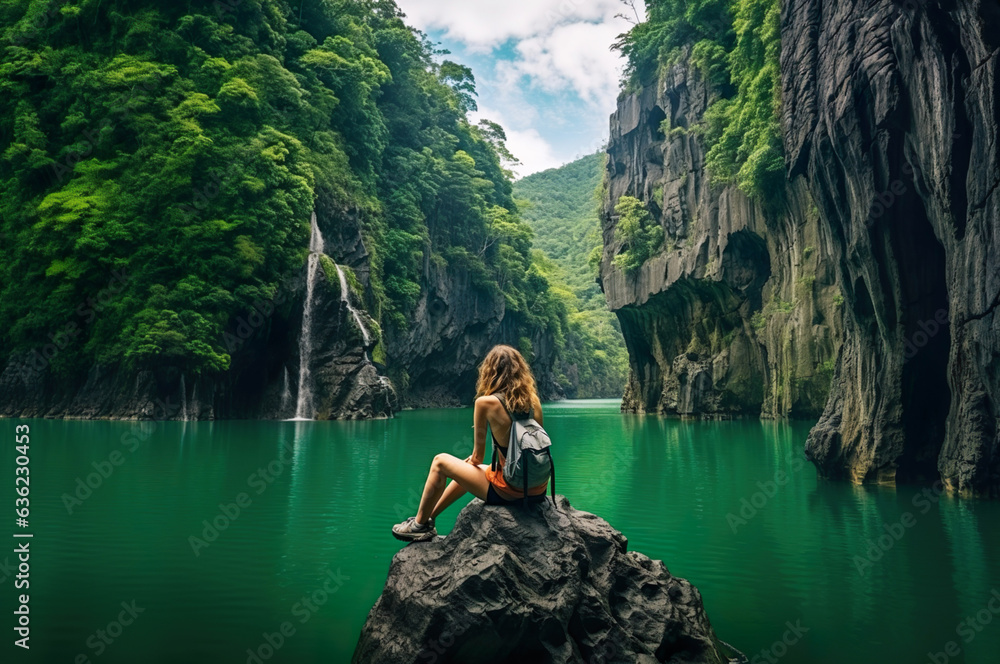 AI generated image of woman sitting on cliffs AI generated image of woman sitting on cliffs