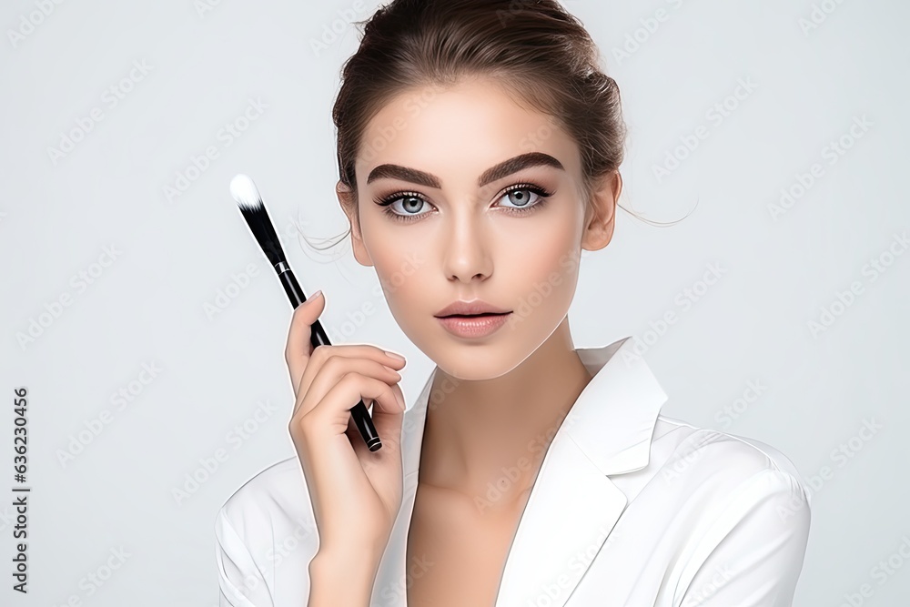 model in a white studio backdrop, applying eye shadow with elegance. Generated with AI