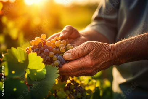 Close up of farmer's hands holding grapes at sunset, created with Generative AI © JRP Studio