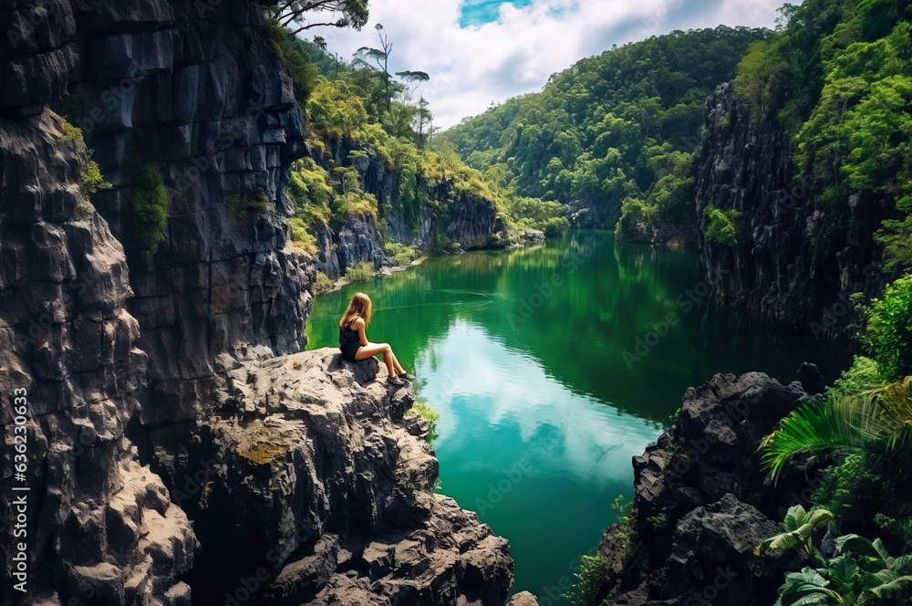 AI generated image of woman sitting on cliffs