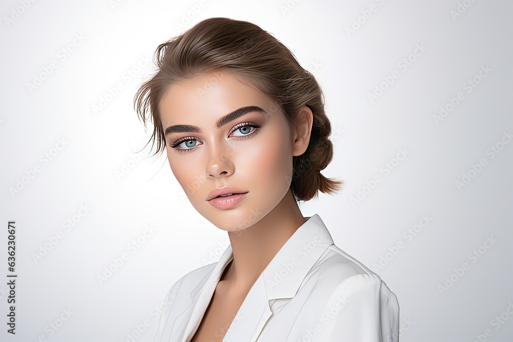 model in a white studio backdrop, applying eye shadow with elegance. Generated with AI model in a white studio backdrop, applying eye shadow with elegance. Generated with AI
