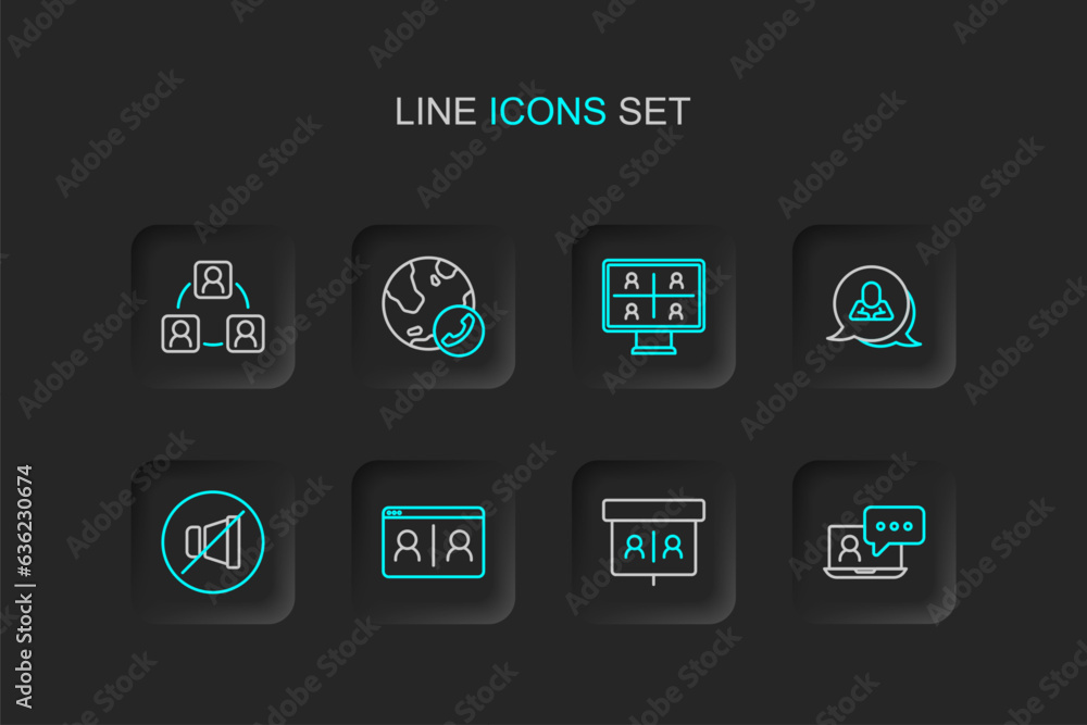 Set line Video chat conference, Mute microphone, Speech bubble, and Meeting icon. Vector Set line Video chat conference, Mute microphone, Speech bubble, and Meeting icon. Vector