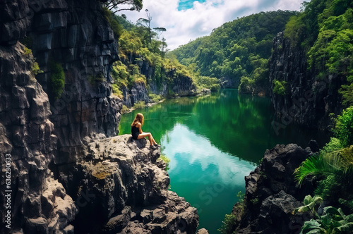 AI generated image of woman sitting on cliffs © Kalim