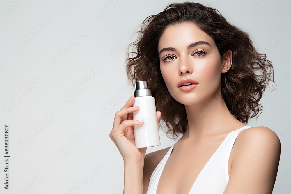 Beauty model holds bottle of shampoo or conditioner on white background.Generated with AI Beauty model holds bottle of shampoo or conditioner on white background.Generated with AI