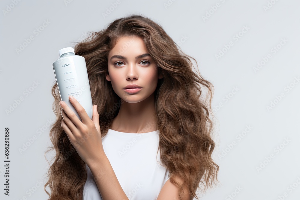 Beauty model holds bottle of shampoo or conditioner on white background.Generated with AI Beauty model holds bottle of shampoo or conditioner on white background.Generated with AI
