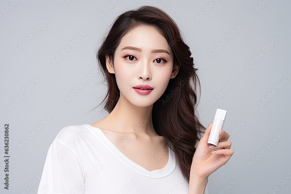 model in a white studio backdrop, holding a lipstick. Showcase the vibrant colors of the lipstick, contrasting with the clean,Generated with AI model in a white studio backdrop, holding a lipstick. Showcase the vibrant colors of the lipstick, contrasting with the clean,Generated with AI