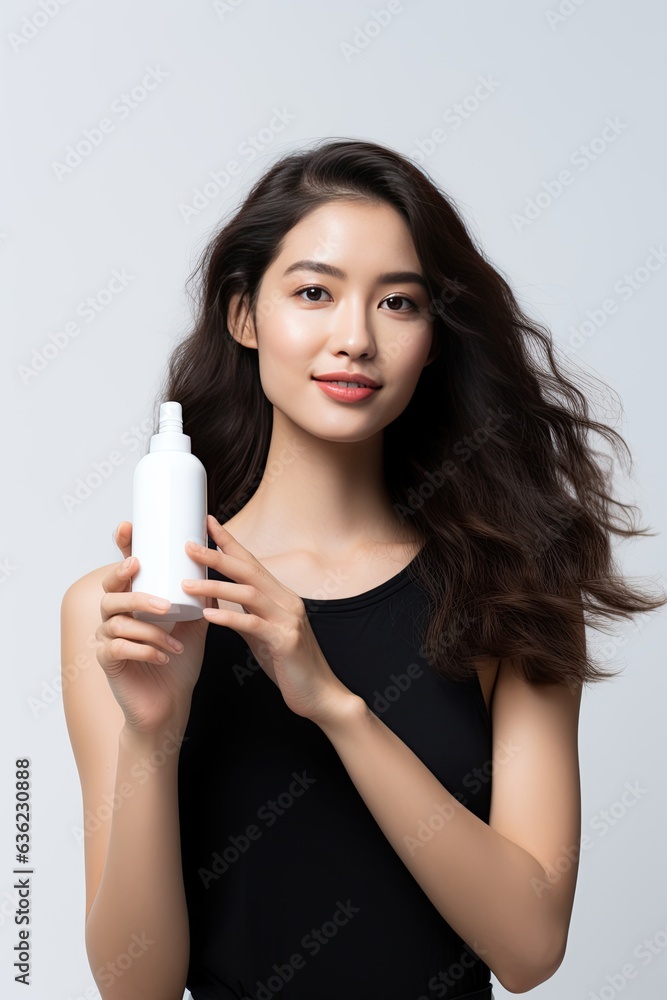 Beauty model holds bottle of shampoo or conditioner on white background.Generated with AI Beauty model holds bottle of shampoo or conditioner on white background.Generated with AI