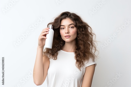 Beauty model holds bottle of shampoo or conditioner on white background.Generated with AI