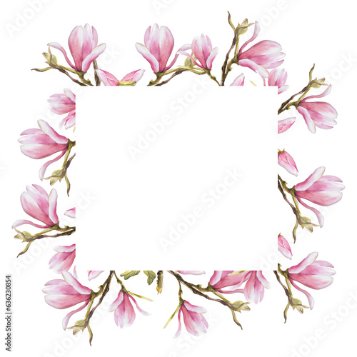 Floral square fame with watercolor pink magnolias flowers, buds and leaves Hand painted on white background illustration. Isolated. Design for wedding invitations and greeting cards or postcards 