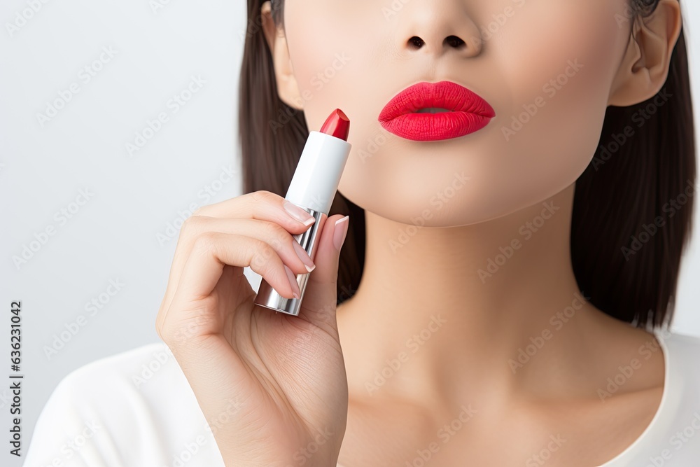 model in a white studio backdrop, holding a lipstick. Showcase the vibrant colors of the lipstick, contrasting with the clean,Generated with AI model in a white studio backdrop, holding a lipstick. Showcase the vibrant colors of the lipstick, contrasting with the clean,Generated with AI