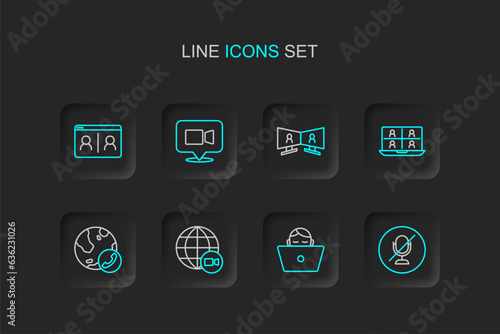 Set line Mute microphone, Freelancer, Video chat conference, and icon. Vector