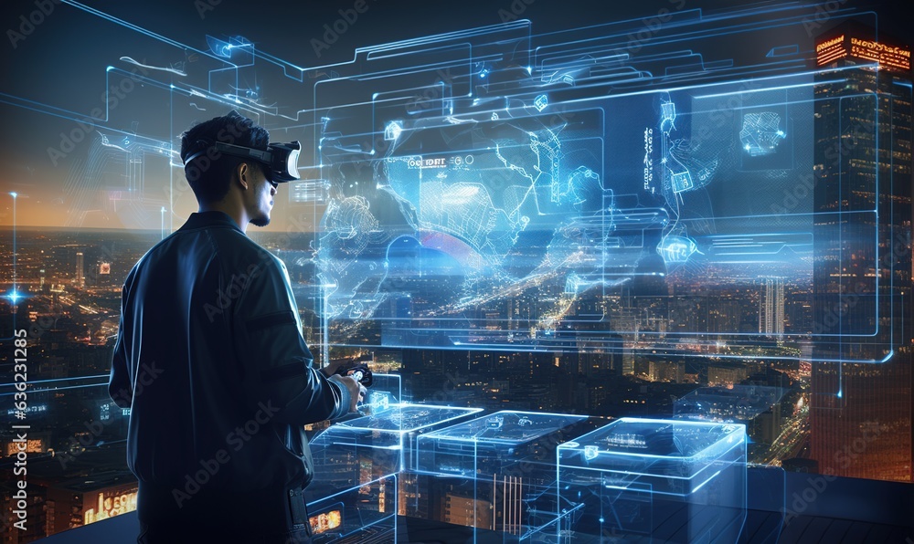 Industrial Engineer Wearing Virtual Reality Headset and scientific research Futuristic Mixed Reality Generative AI Industrial Engineer Wearing Virtual Reality Headset and scientific research Futuristic Mixed Reality Generative AI