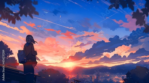 秋の空と女性のイラスト、夕日が沈む町を見る女学生