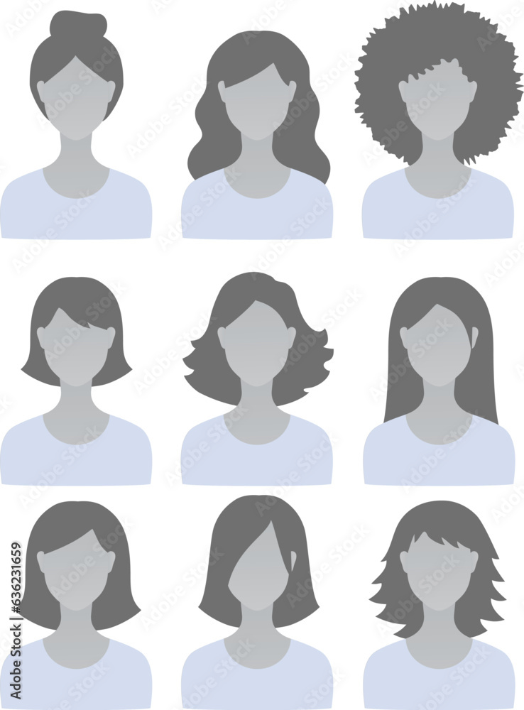 Set of modern graphic favicon female portraits in grey shades Set of modern graphic favicon female portraits in grey shades