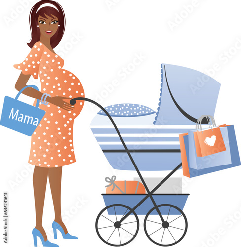 Modern pretty dark skin pregnant woman with a pram and shopping bags