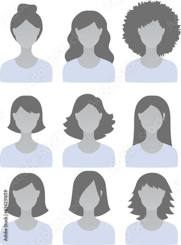 Set of modern graphic favicon female portraits in grey shades