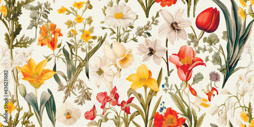 Vintage vector abstract flowers print. Vector illustration of flowers, daffodil, narcissus, tulip, frame, wild flowers, plants and leaves, Modern seamless pattern. Fashionable template for design