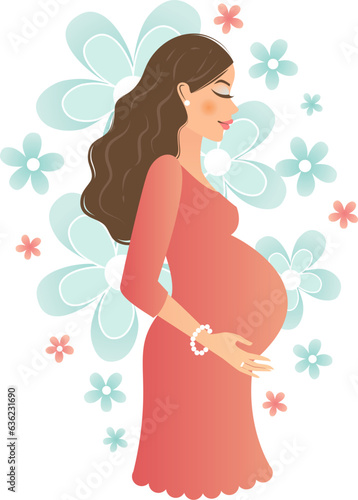 Pretty young pregnant brown hair woman in red dress on floral background