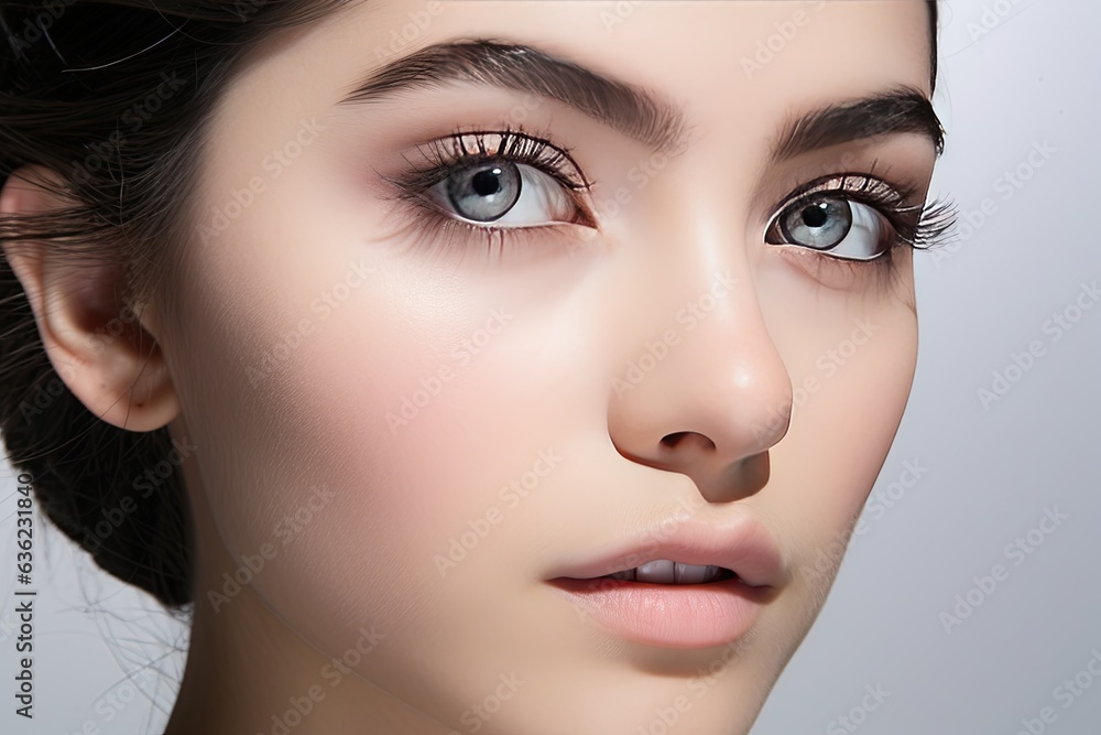 Fototapeta premium model in a white studio backdrop, skillfully applying eye lashes, eye lid, eyeliner, and mascara. Showcase the artistry of eye makeup. Generated with AI
