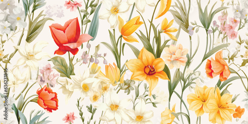Vintage vector abstract flowers print. Vector illustration of flowers, daffodil, narcissus, tulip, frame, wild flowers, plants and leaves, Modern seamless pattern. Fashionable template for design