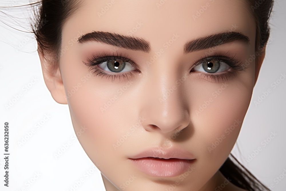 Fototapeta premium model in a white studio backdrop, skillfully applying eye lashes, eye lid, eyeliner, and mascara. Showcase the artistry of eye makeup. Generated with AI