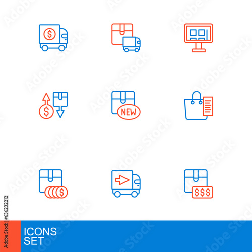 Set line Item price tag with dollar, Delivery cargo truck, Shopping list, Tax cardboard box, New collection, Online shopping screen and icon. Vector