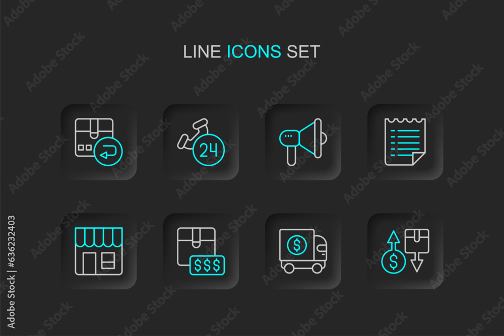 Set line Tax cardboard box, Armored truck, Item price tag with dollar, Market store, Wish list template, Megaphone, Telephone 24 hours support and Return icon. Vector Set line Tax cardboard box, Armored truck, Item price tag with dollar, Market store, Wish list template, Megaphone, Telephone 24 hours support and Return icon. Vector
