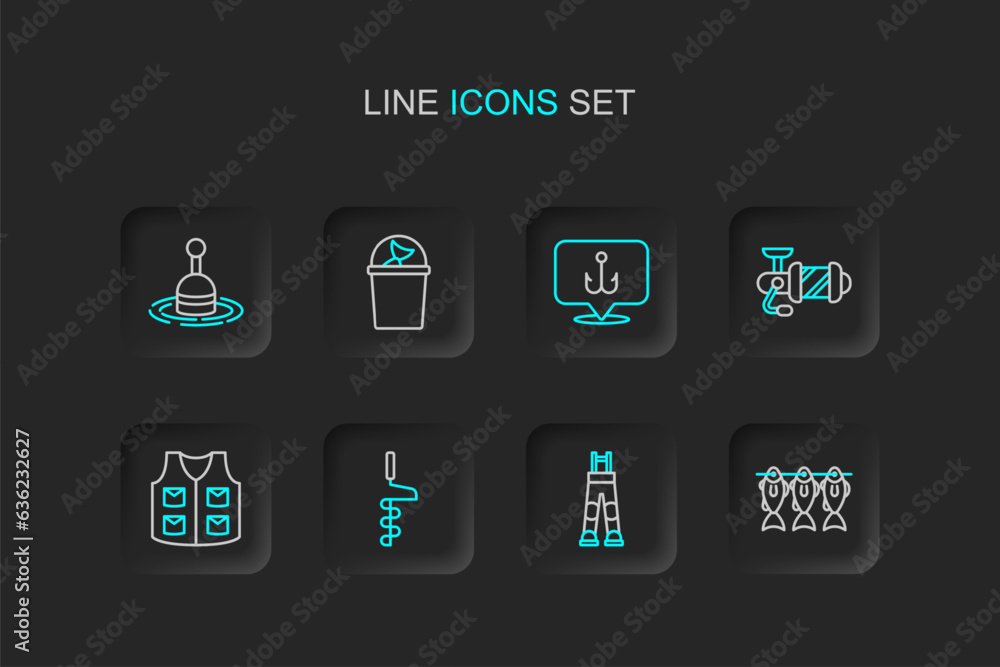 Set line Case or box for fishing equipment, Fisherman pants, Hand ice drill, Fishing jacket, Spinning reel, hook, hat and float water icon. Vector Set line Case or box for fishing equipment, Fisherman pants, Hand ice drill, Fishing jacket, Spinning reel, hook, hat and float water icon. Vector