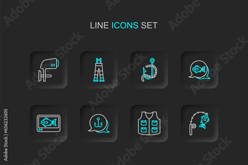 Set line Fishing rod and fish, jacket, hook, finder echo sounder, worm, Fisherman pants and Outboard boat motor icon. Vector