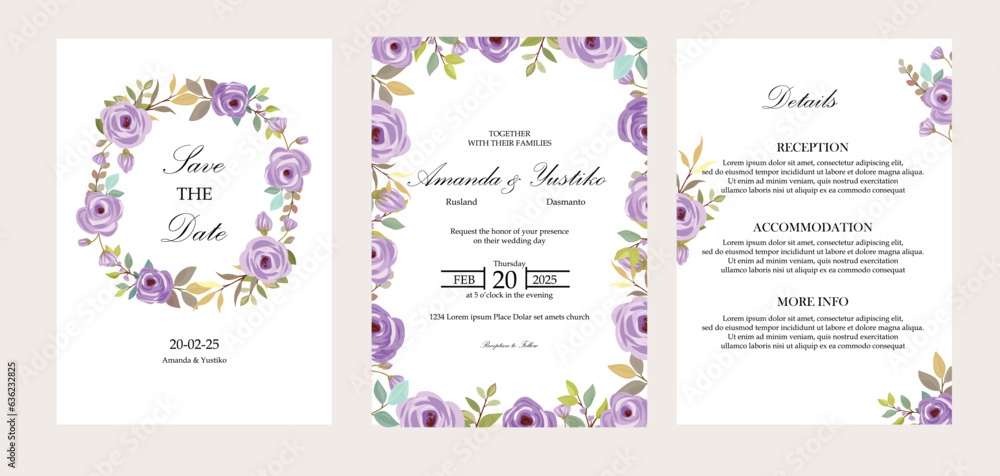 Wedding Invitation template, save the date, detail card. Vector. purple roses.