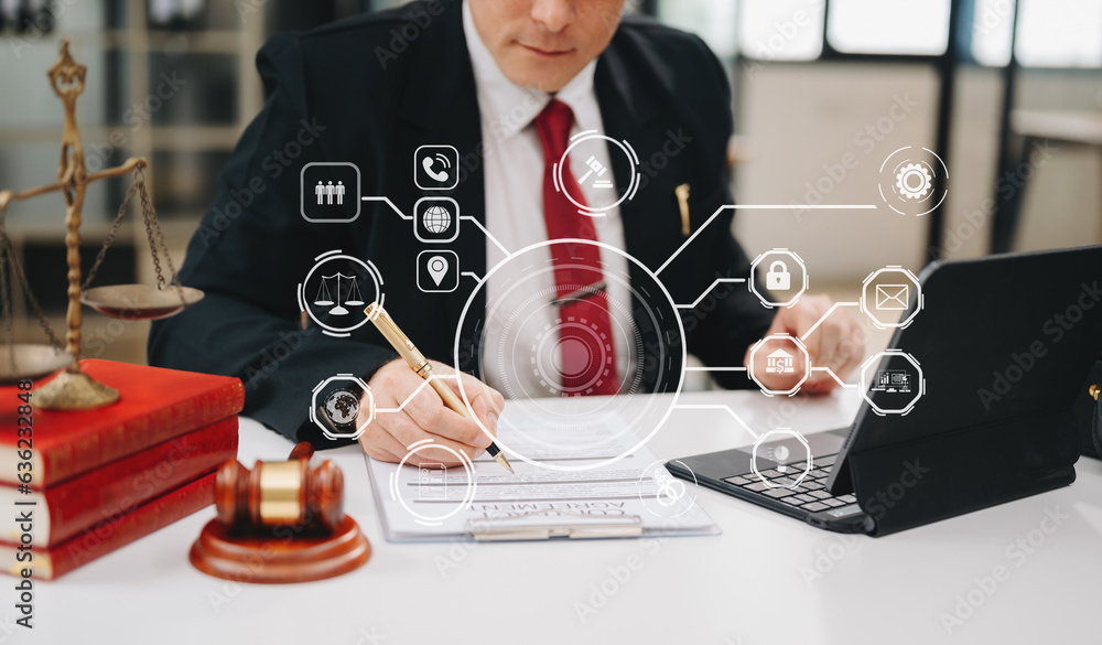 justice and law concept. Male judge in a courtroom he gavel, working with smart phone and laptop and digital tablet on white table with VR icon justice and law concept. Male judge in a courtroom he gavel, working with smart phone and laptop and digital tablet on white table with VR icon