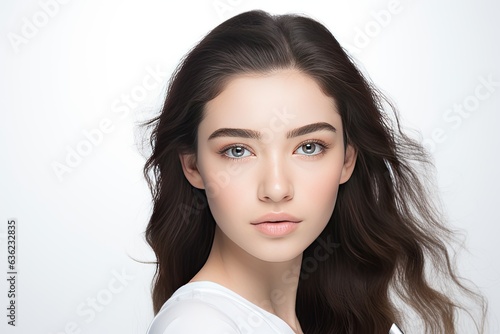 Beauty portrait of female face with natural clean skin with eyebrow brush. Generated with AI photo