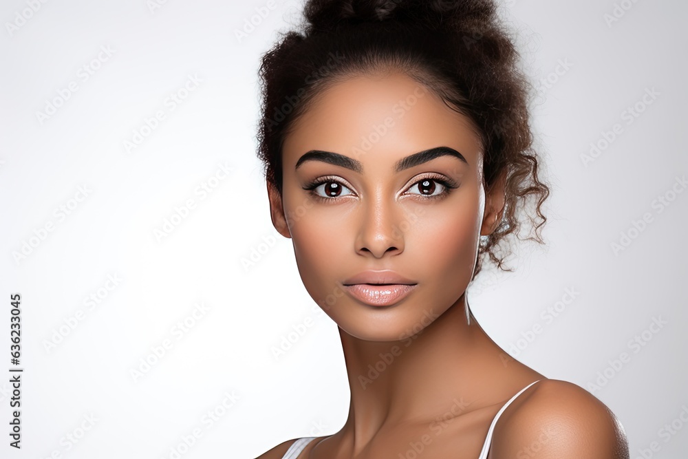 Beauty portrait of female face with natural clean skin with eyebrow brush. Generated with AI - obrazy, fototapety, plakaty 
