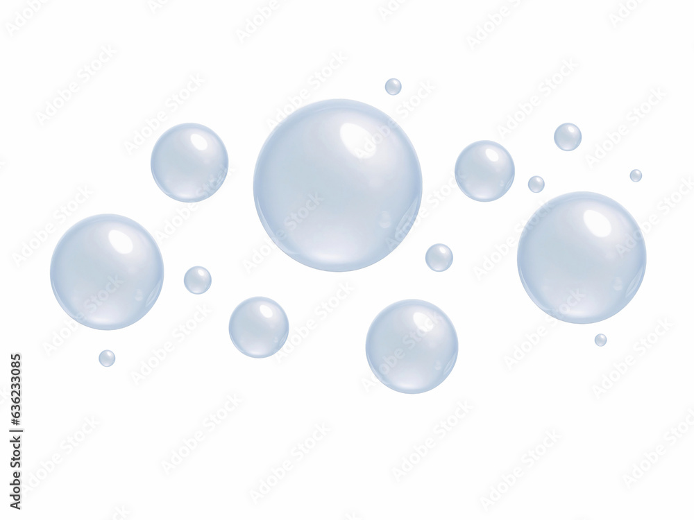 Plenty of bubbles float in the air. Big and small blue water droplets, white background. generative ai Plenty of bubbles float in the air. Big and small blue water droplets, white background. generative ai