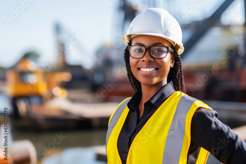 Portrait of young black woman engineering graduate in a shipyard. Concept of women in engineering jobs