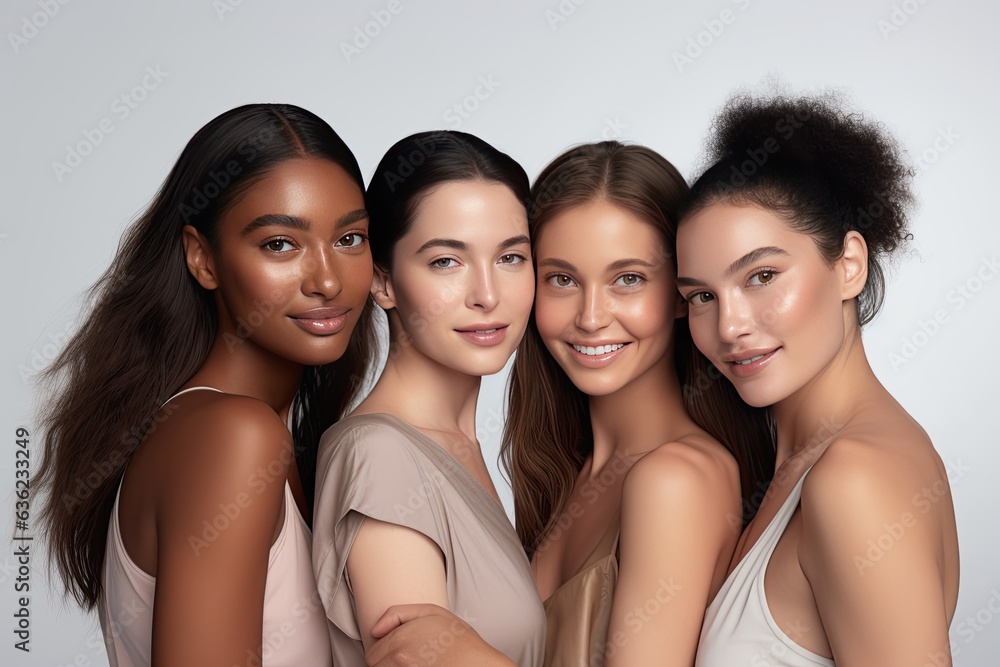 Photograph multiple models in a white studio backdrop, each showcasing unique cosmetics. Generated with AI Photograph multiple models in a white studio backdrop, each showcasing unique cosmetics. Generated with AI