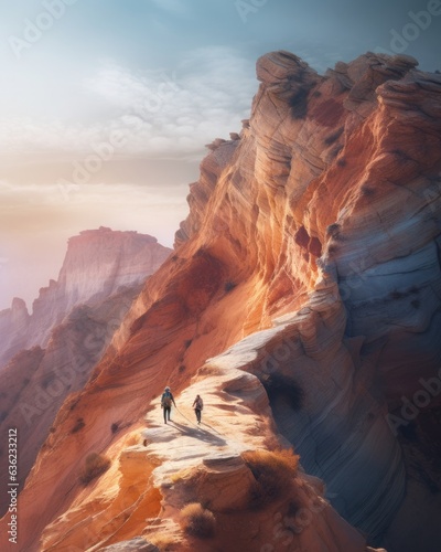 Group of hikers with backpacks walks in mountains at sunset