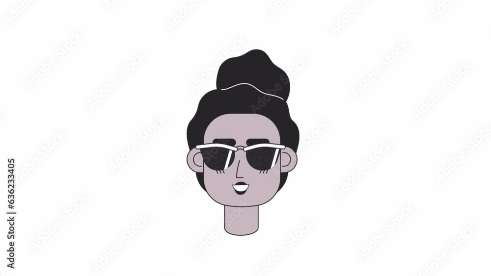 Black woman sunglasses smiling 2D avatar icon animation. Outline cartoon 4K video, alpha channel. Summer girl with palms sunglasses animated person facial expression isolated on white background Black woman sunglasses smiling 2D avatar icon animation. Outline cartoon 4K video, alpha channel. Summer girl with palms sunglasses animated person facial expression isolated on white background