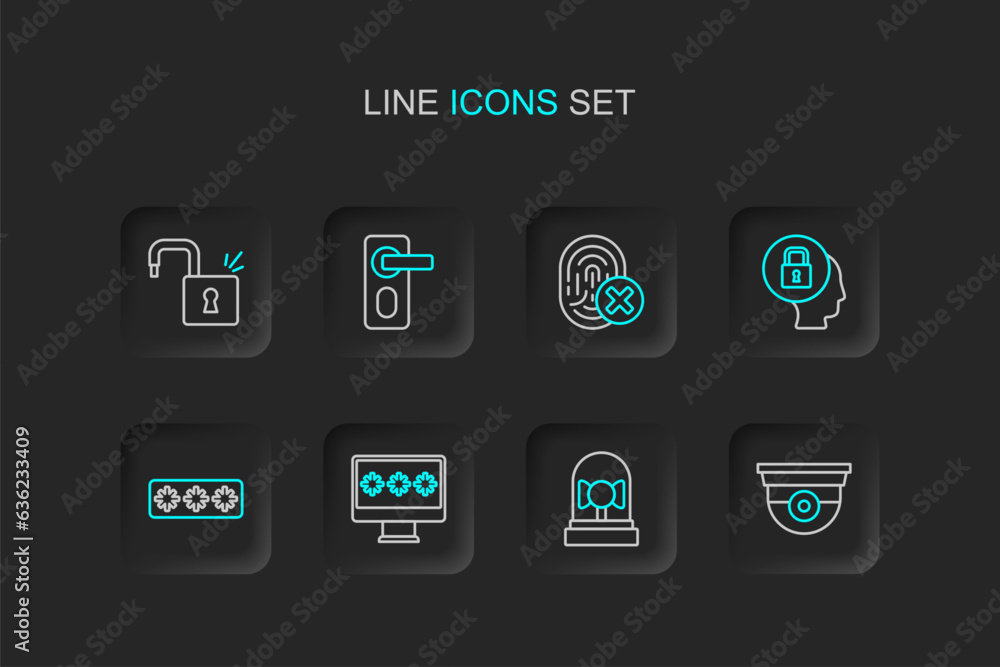Set line Security camera, Ringing alarm bell, Monitor with password, Password protection, Lock, Cancelled fingerprint, Fingerprint door lock and Open padlock icon. Vector Set line Security camera, Ringing alarm bell, Monitor with password, Password protection, Lock, Cancelled fingerprint, Fingerprint door lock and Open padlock icon. Vector