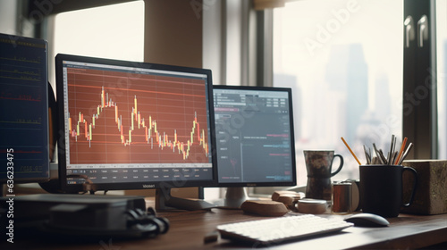 トレーダーの高層マンションオフィスでレートを分析　FX株取引 traders office analyzing rate chart stock market. Created by generative Ai 