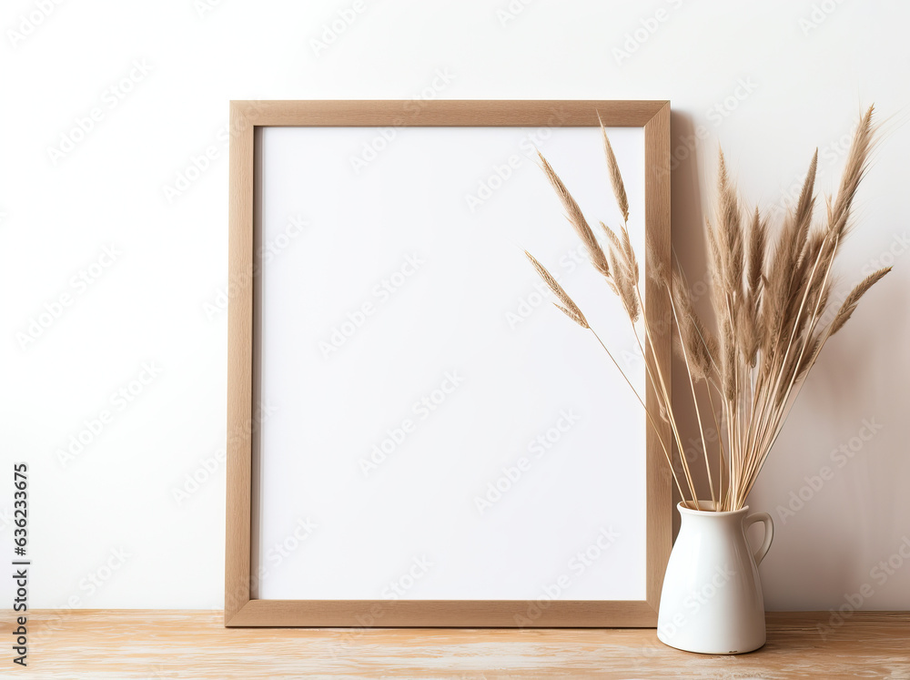 Neutral home still life. Decorative boho interior. Vase with bouquet of dry plants, grass on wooden table. Blank picture frame mockup hanging on wall. White cup of coffee, books. Artistic poster.