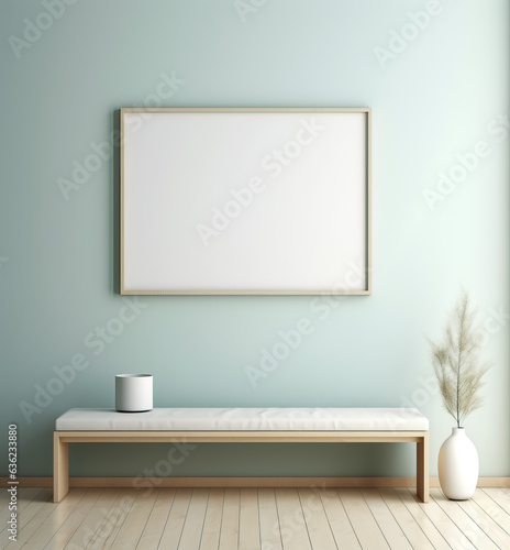Minimalistic composition of sitting room interior with white mock up frame, wooden shelf, retro chair, rattan basket and elegant accessories. Design home decor. Template. Eucalyptus color concept. © Darya